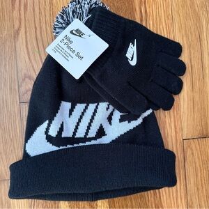 Nike Kids Black & White Pom Beanie & Gloves Set Swoosh Winter OSFM MSRP: $28
